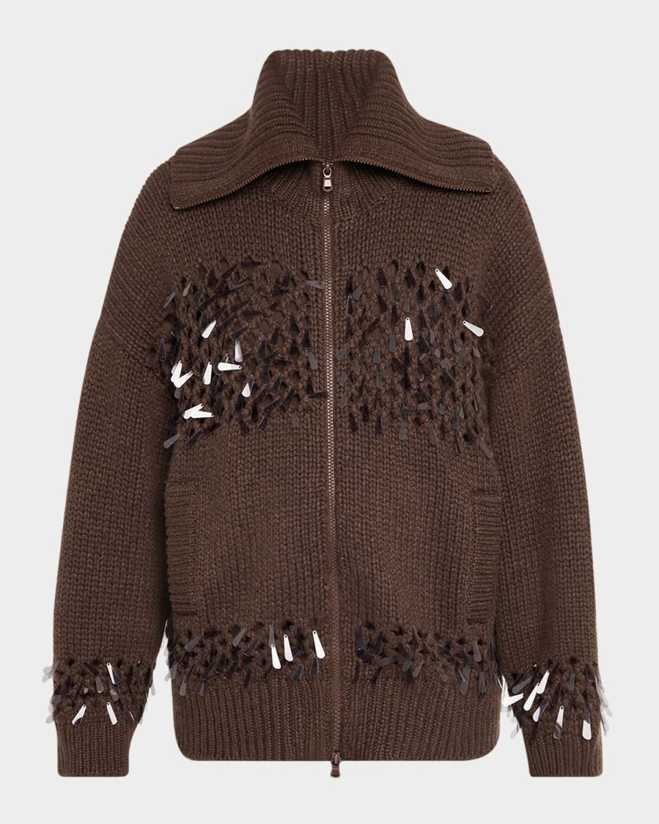 Sequined Net Stitch Cashmere Zip Cardigan